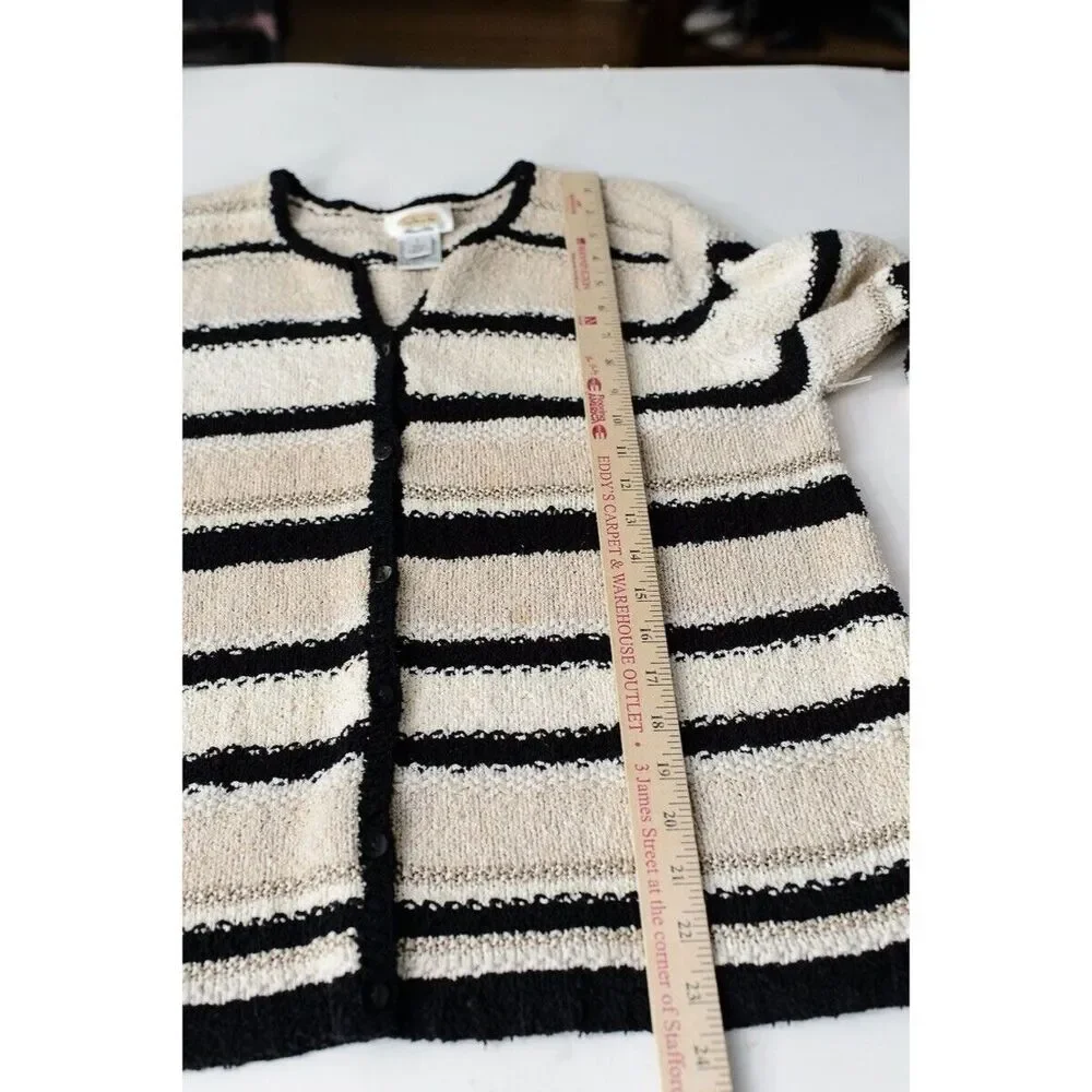 Vintage Talbots Hand-Knit Striped Cardigan Sweater L Black & Beige cruise resort